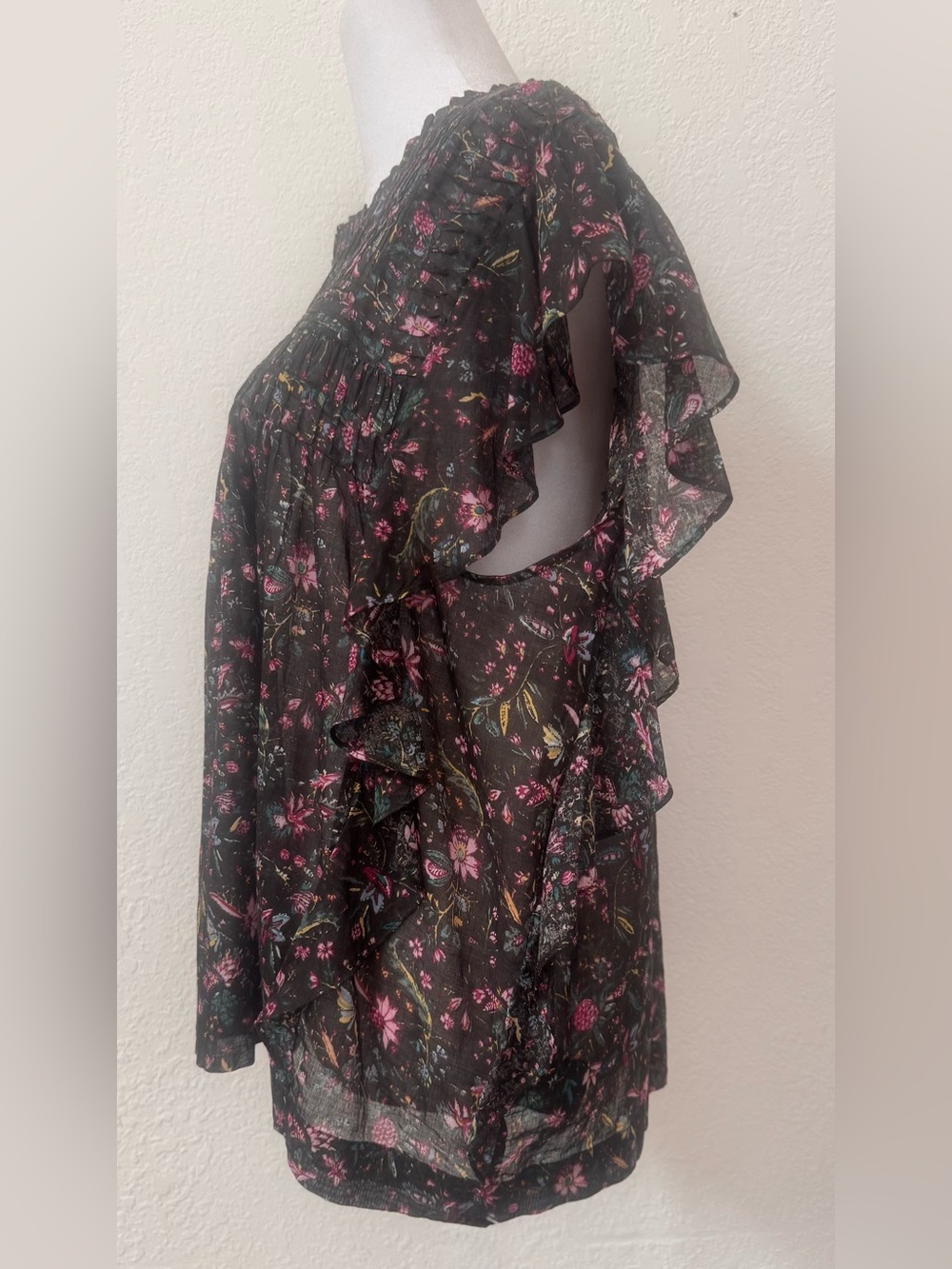 Isabel Marant Etoile Layona ruffle sleeve top- Black floral print cotton - Picture 3 of 11